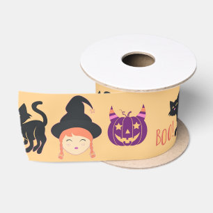 Lazo De Raso Dulce patrón de Halloween de gato negro bruja y ca