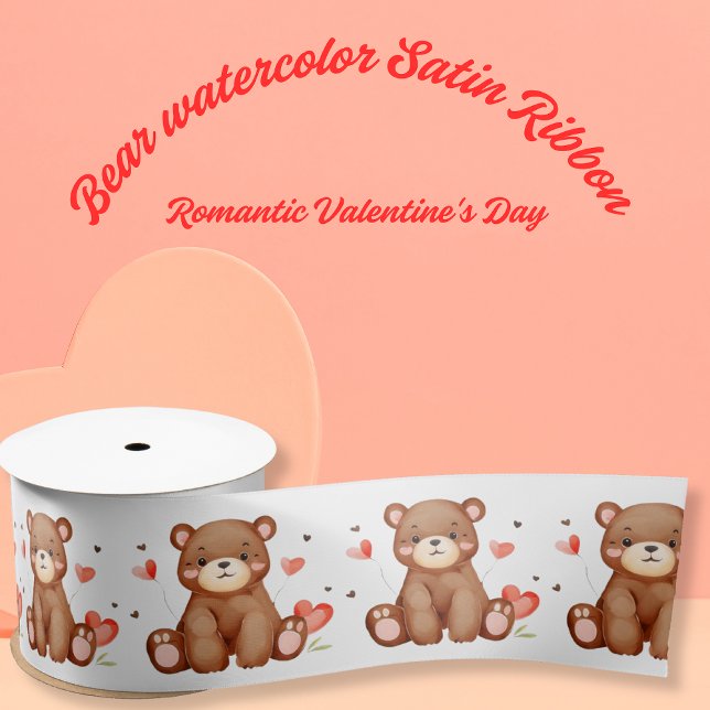 Lazo De Raso El día de San Valentín del oso acuarela (Romantic Valentine's Day Bear watercolor Satin Ribbon)