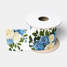Lazo De Raso Elegante Boda azul turbio y floral de marfil