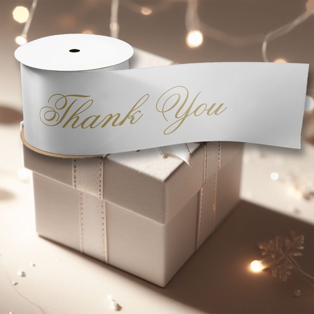 Lazo De Raso Elegante Caligrafía Oro Florecer Gracias Formal (formal flourish calligraphy gold ivory white bridal shower thank you gift wrapping ribbon)
