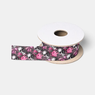 Lazo De Raso Elegante cráneo floral rosa