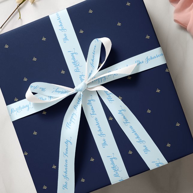 Lazo De Raso Elegante envoltura de regalo de cumpleaños con nom (Elegant Custom Blue Name Happy Birthday Gift Wrap Satin Ribbon)