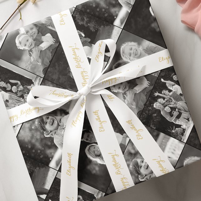 Lazo De Raso Elegante Faux Gold Happy Birthday Custom Name Whit (Elegant Faux Gold Happy Birthday Custom Name White Satin Ribbon)