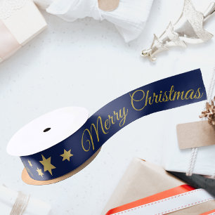 Lazo De Raso Elegante Feliz Navidad con estrellas azul
