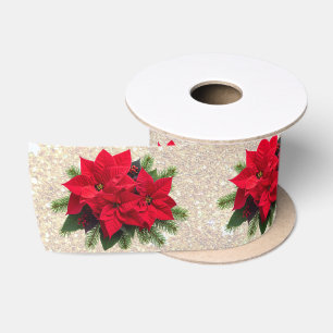 Lazo De Raso Elegante Flor de Pascua de Navidad con Brillo de O