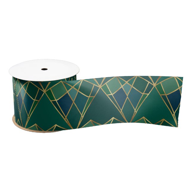 Lazo De Raso Elegante Green Gold Heart Geométrico Art Deco (Carrete)