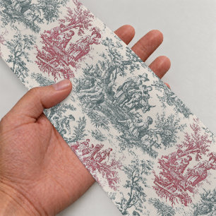 Lazo De Raso Elegante Motivo de Cinta Toile de Jouy Roja Gris V