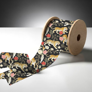 Lazo De Raso Elegante patrón de chinoiserie de tigre y peonía n