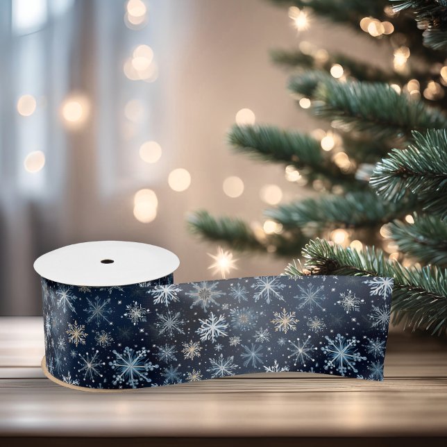 Lazo De Raso Elegante patrón de copo de nieve blanco azul vinta (Elegant Vintage Blue White Snowflake Pattern Satin Ribbon)
