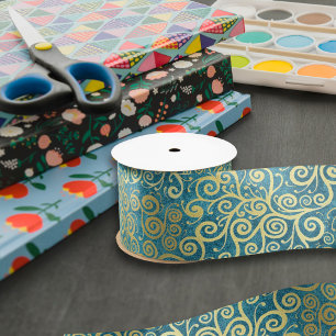 Lazo De Raso Elegante Patrón De Swirl De Oro Vintage Boho Azul