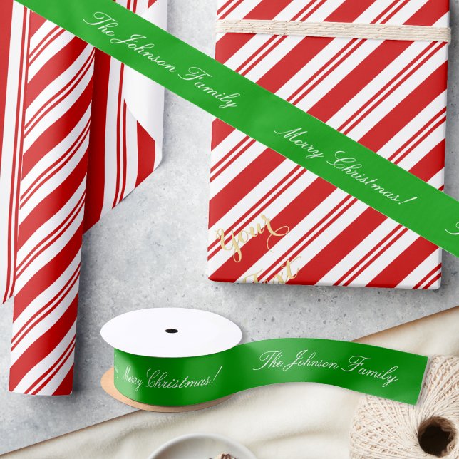 Lazo De Raso Elegante personalizado Feliz Navidad Green Gift Wr (Custom Elegant Merry Christmas Green Gift Wrap Satin Ribbon)