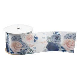 Lazo De Raso Elegante romántico color azul turbio y floral rosa