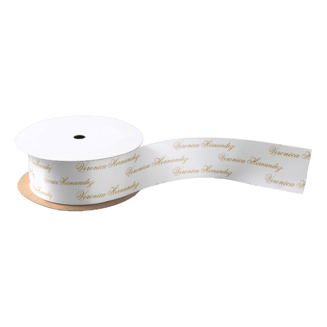 Lazo De Raso Elegante Script Gold White Nombre personalizado (Carrete)