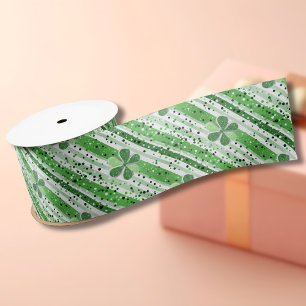 Lazo De Raso Elegante Verde Blanco Rayas Trébol Brillante