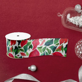 Lazo De Raso Elegantes Hojas Rojas y Verdes Navidad Acuarela