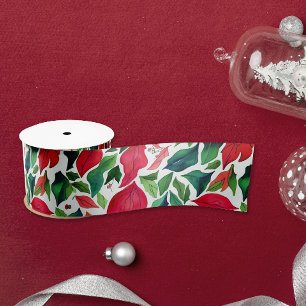 Lazo De Raso Elegantes Hojas Rojas y Verdes Navidad Acuarela