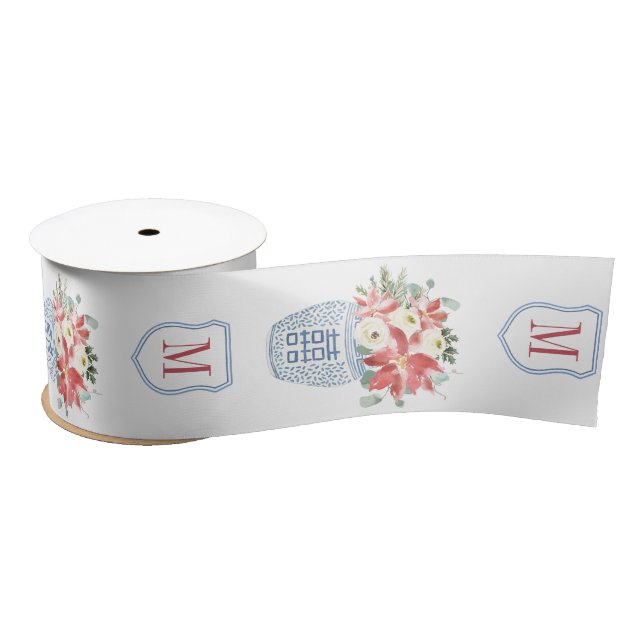 Lazo De Raso Elegantes Navidades Flores Chinoiserie Monogramada (Carrete)
