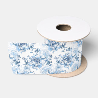 Lazo De Raso Elegantes Peonies con grabado azul y blanco