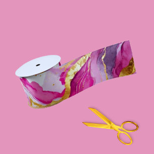 Lazo De Raso Elegantes Remolinos Metálicos Cinta Rosa, Dorado y
