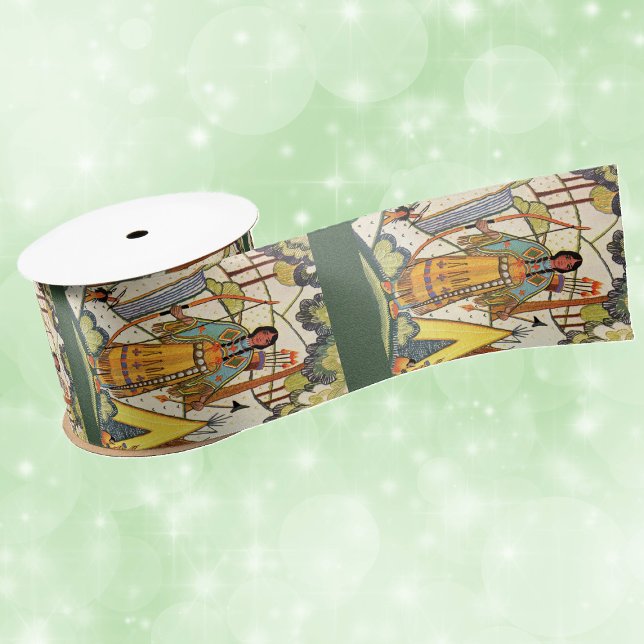 Lazo De Raso Embroidería de té de mujeres indias norteamericana (American Indian woman embroidery texture in woods by tepee on dark green craft or gift wrap ribbon.)