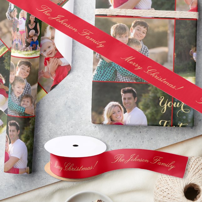 Lazo De Raso Envoltura personalizada de regalo de oro rojo navi (Personalized Merry Christmas Red Gold Gift Wrap Satin Ribbon)