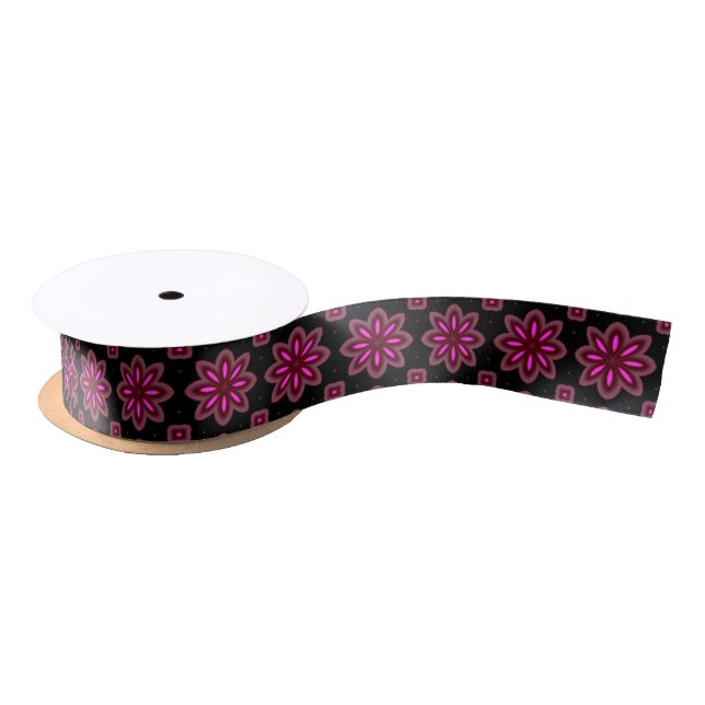 Lazo De Raso Estampado de flores rosado y negro (Carrete)