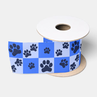 Lazo De Raso Estampado de huellas de perro azules a cuadros