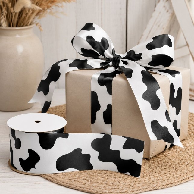 Lazo De Raso estampado de vaca lechera de granja blanco y negro (cute black and white farm dairy cow print satin ribbon)