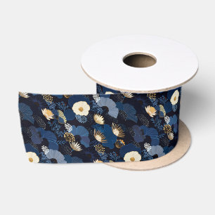 Lazo De Raso Estilo japonés elegante flor floral azul oscuro