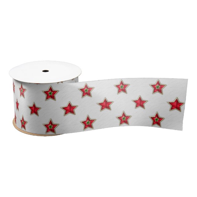 Lazo De Raso Estrellas Rojas de Navidad sobre Blanco (Carrete)
