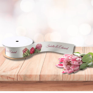 Lazo De Raso Favor de boda floral de protea rosa personalizada 