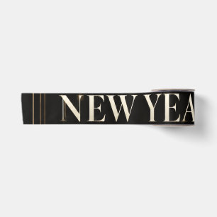 Lazo De Raso Feliz Año Nuevo geométrico negro y dorado elegante