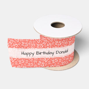 Lazo De Raso Feliz Cumpleaños 25 Patrón de Número Coral/Blanco