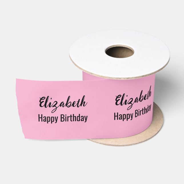 Lazo De Raso Feliz cumpleaños Black Script Name Pink (Carrete)