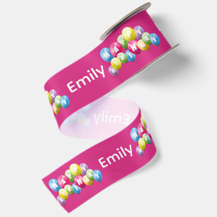 Lazo De Raso Feliz Cumpleaños con Nombre Personalizado y Globos