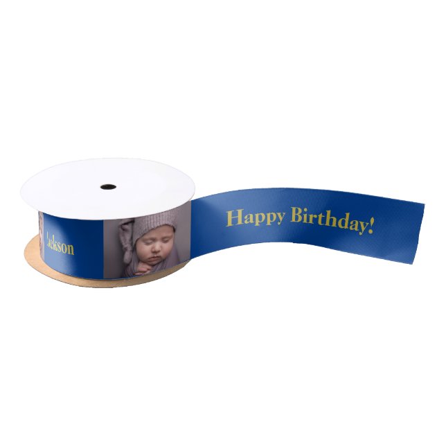 Lazo De Raso Feliz cumpleaños Personalizado foto y nombre Gold  (Carrete)