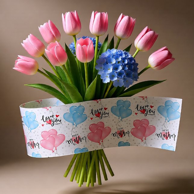 Lazo De Raso Feliz día de la madre bebé tema rosa y azul (Pink Blue Heart Balloons Best Mother Love You Satin Ribbon)