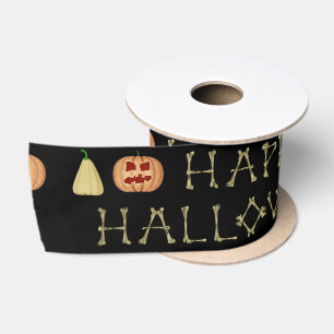 Lazo De Raso Feliz Halloween Letras de Hueso Negras