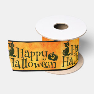 Lazo De Raso Feliz Halloween Naranja y Negro Texto Repetir