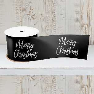 Lazo De Raso Feliz Navidad Caligrafía Blanca Negra Fiesta