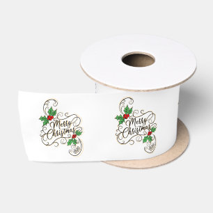 Lazo De Raso Feliz Navidad Caligrafía de Acebo Tarjeta de Salud