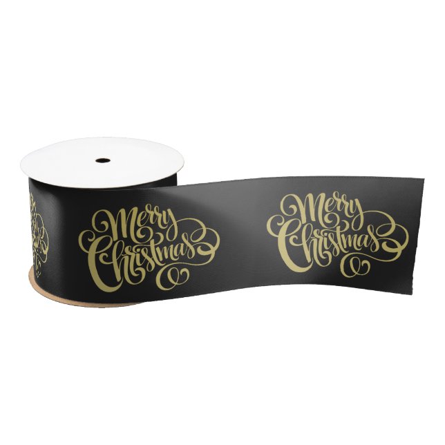 Lazo De Raso Feliz Navidad Elegante Guión Dorado Negro (Carrete)