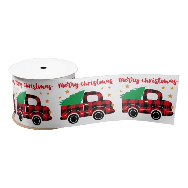 Lazo De Raso Feliz Navidad Red Plaid Truck Vacaciones Modernas (Carrete)