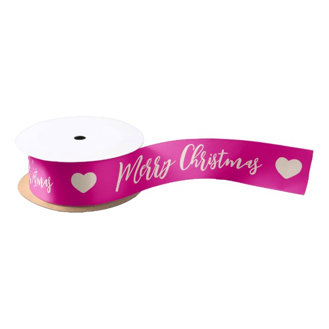 Lazo De Raso Feliz Navidad rosa caliente y blanco tradicional (Carrete)