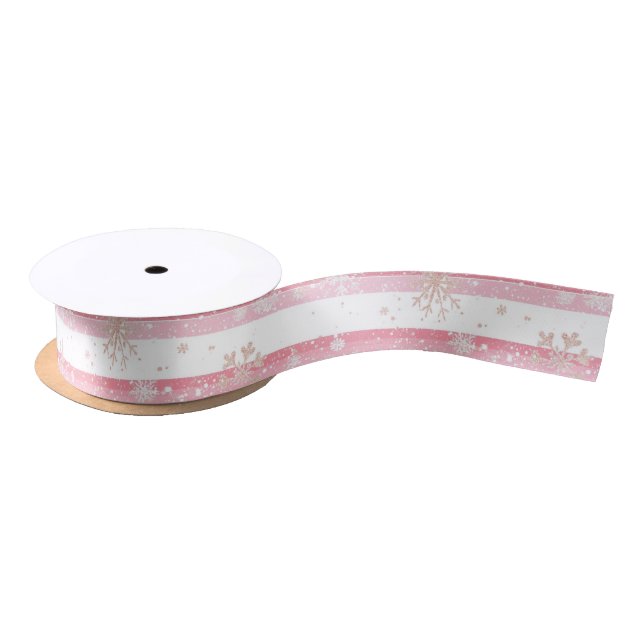 Lazo De Raso Festive Pink & White Stripes Golden Snowflakes (Carrete)