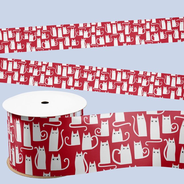 Lazo De Raso Festividad de gato blanco y rojo (Red and white fun festive cat ribbon)
