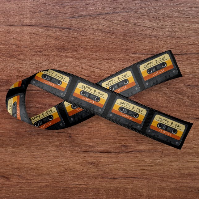 Lazo De Raso Fiesta de cumpleaños de la cinta retro de cassette (Cassette Tape Retro Birthday Party Satin Ribbon
)