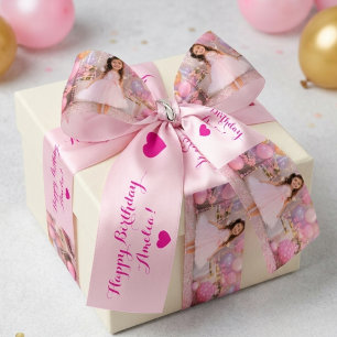 Lazo De Raso Fiesta de Cumpleaños de Niña con Foto Rosa Persona