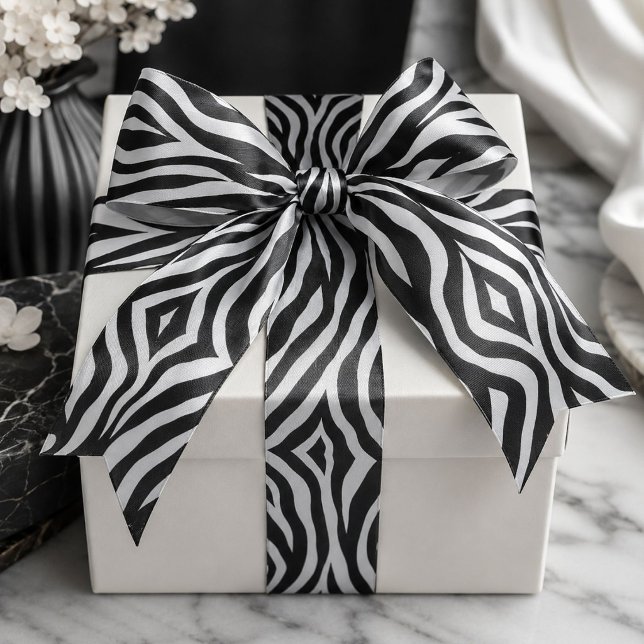 Lazo De Raso Fiesta de cumpleaños safari con estampado de cebra (Chic black white zebra print safari birthday party satin ribbon)