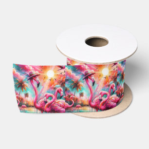 Lazo De Raso Flamencos rosados tropicales Palmeras Sun Flamingo